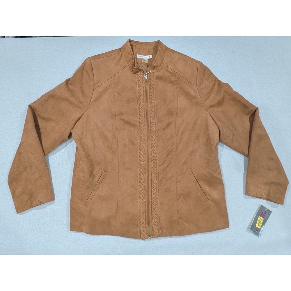 Allison Daley Jacket Womens 14 Brown New Faux Suede Braided Trim Full Zip